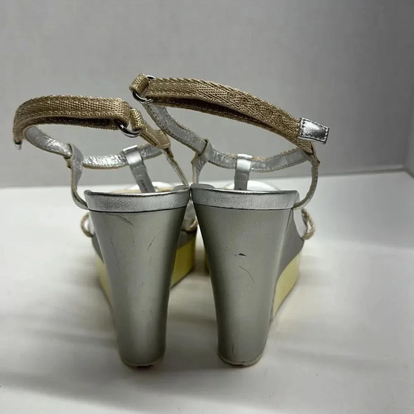 Prada Wedges T-Strap Open Toe High Heel Shoes Leather Yellow Silver Size 38 US 8 - Picture 7 of 12